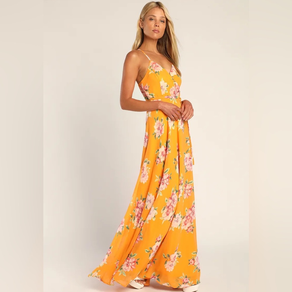 Always There for Me Marigold floral wrap maxi dress LuLu’s NWT XS